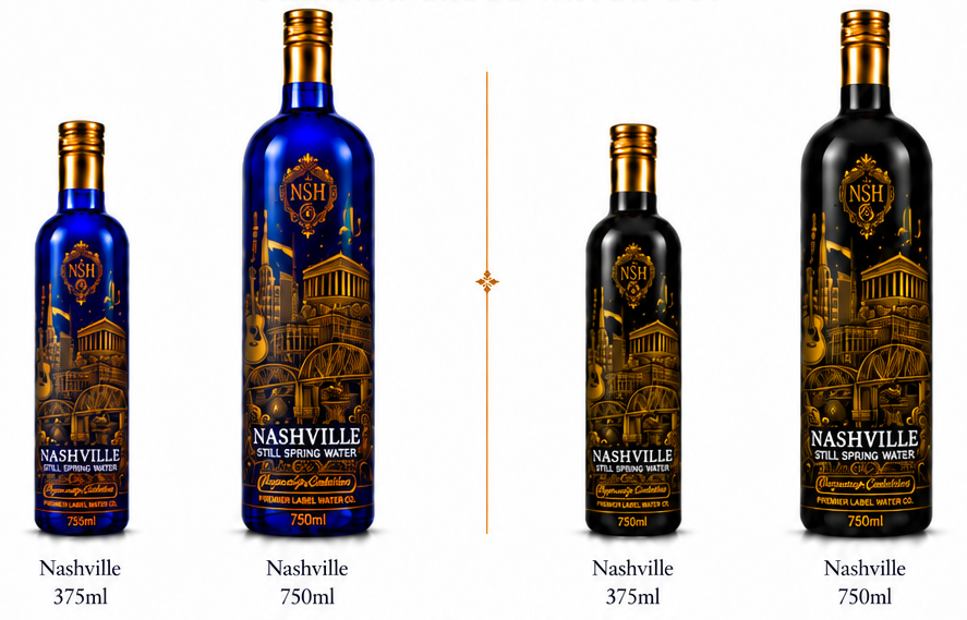 CityScape Nashville limited edition glass bottles — 375 ml and 750 ml in cobalt blue and matte black