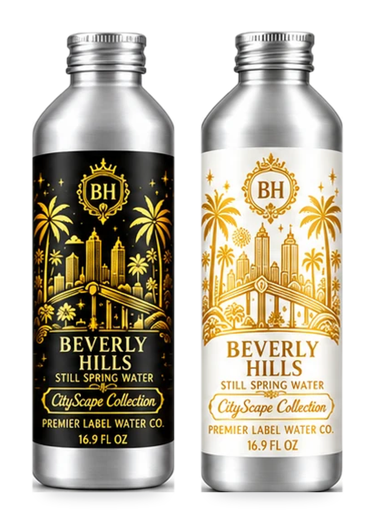 CityScape Beverly Hills 16 oz aluminum bottles: Signature Label and White Label with Gold Lettering