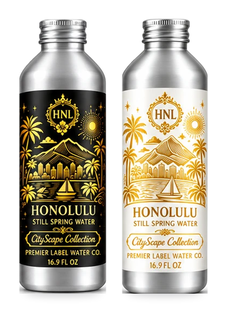 CityScape Honolulu 16 oz aluminum bottles: Signature Label and White Label with Gold Lettering