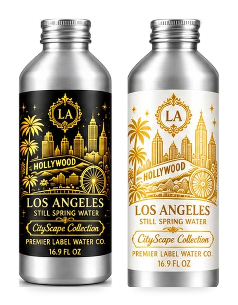 CityScape Los Angeles 16 oz aluminum bottles: Signature Label and White Label with Gold Lettering