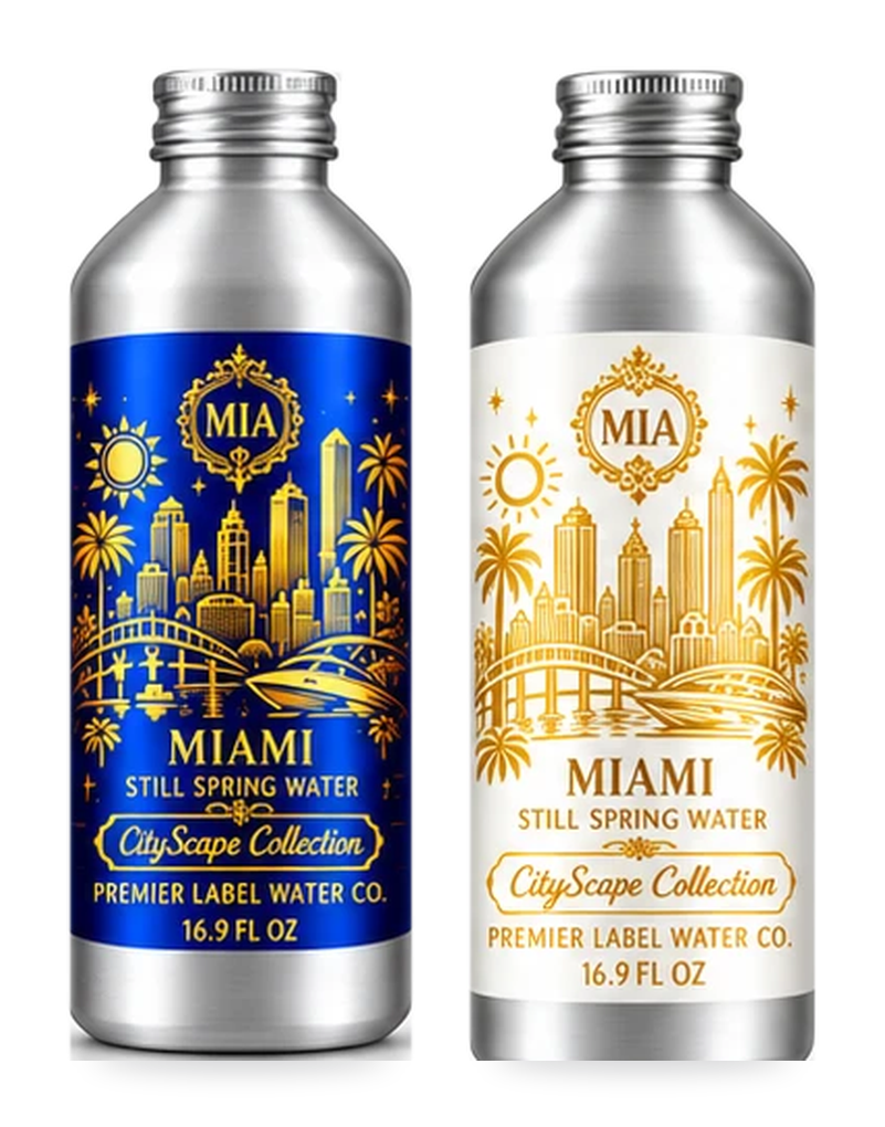 CityScape Miami 16 oz aluminum bottles: Signature Label and White Label with Gold Lettering