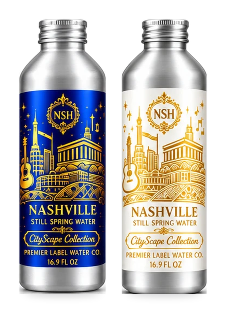CityScape Nashville 16 oz aluminum bottles: Signature Label and White Label with Gold Lettering