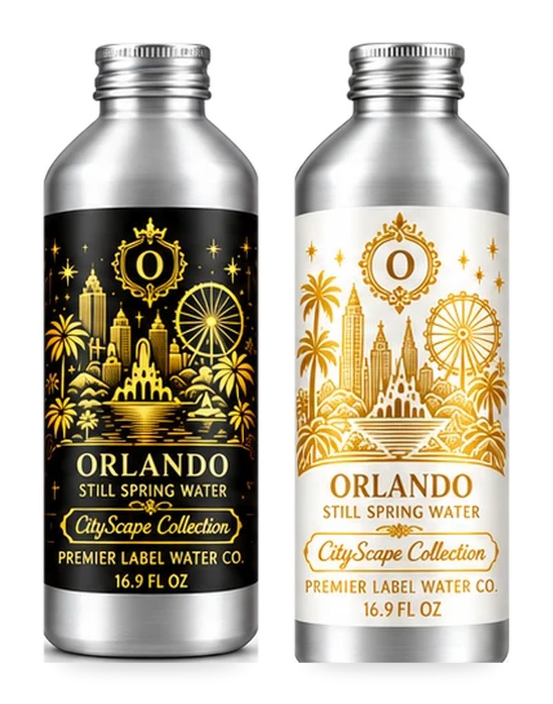 CityScape Orlando 16 oz aluminum bottles: Signature Label and White Label with Gold Lettering