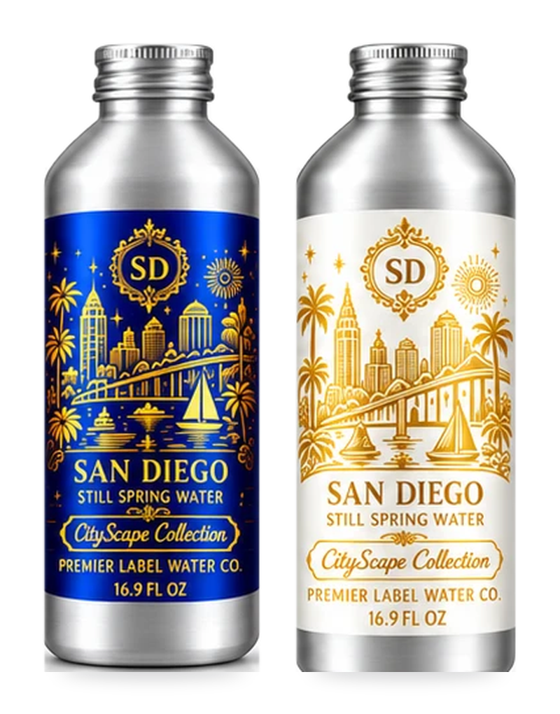 CityScape San Diego 16 oz aluminum bottles: Signature Label and White Label with Gold Lettering