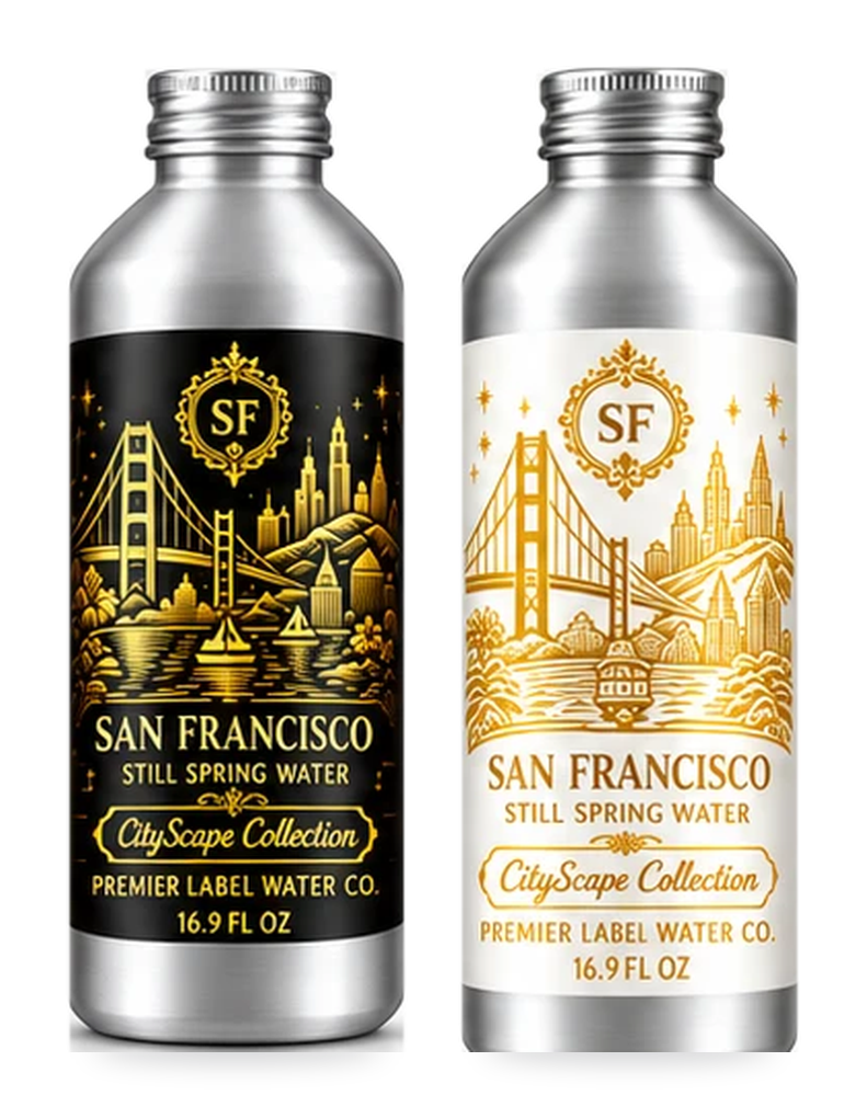 CityScape San Francisco 16 oz aluminum bottles: Signature Label and White Label with Gold Lettering