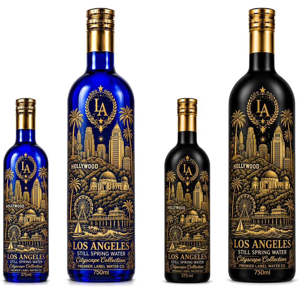 CityScape Los Angeles limited edition glass bottles — 375 ml and 750 ml in cobalt blue and matte black