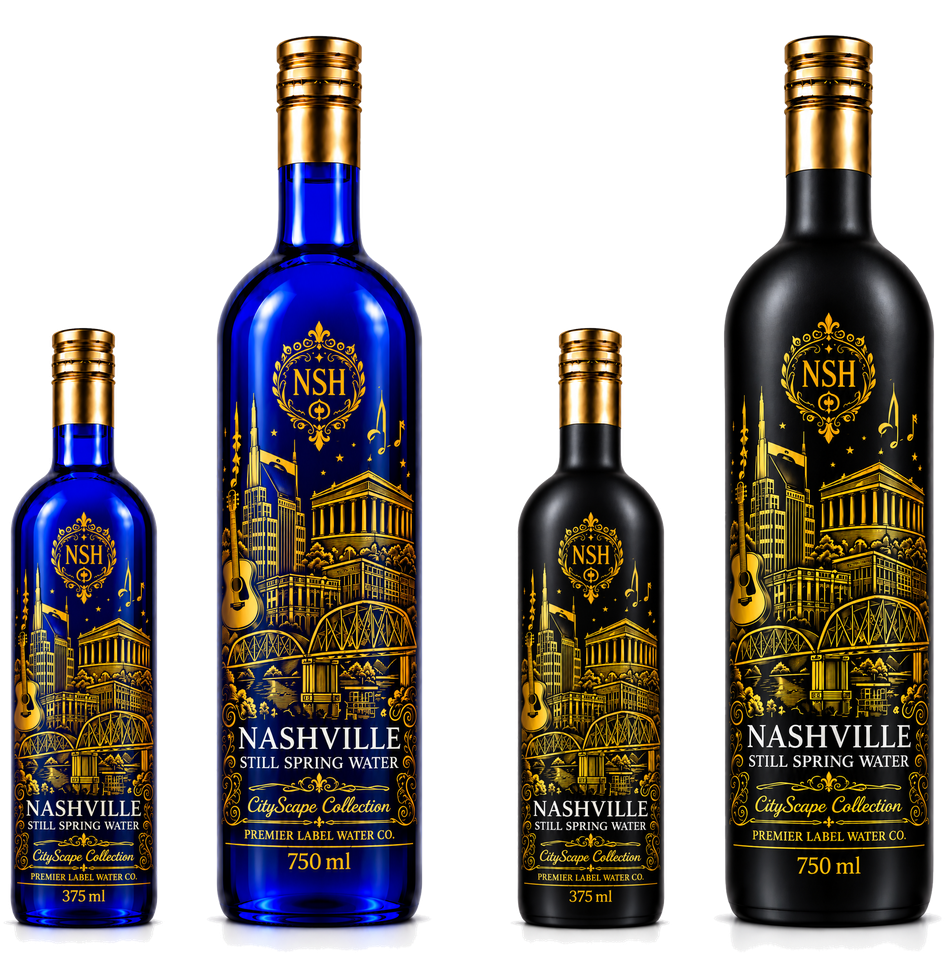 CityScape Nashville limited edition glass bottles — 375 ml and 750 ml in cobalt blue and matte black