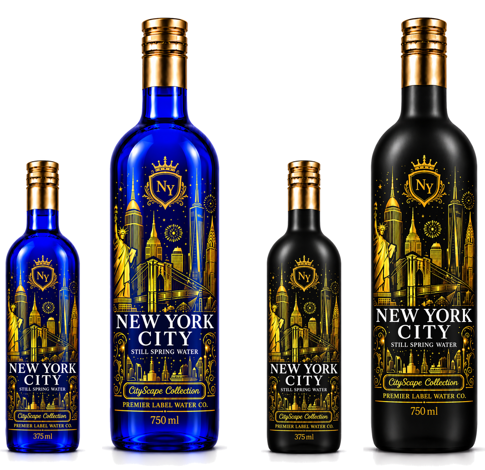 CityScape New York City limited edition glass bottles — 375 ml and 750 ml in cobalt blue and matte black
