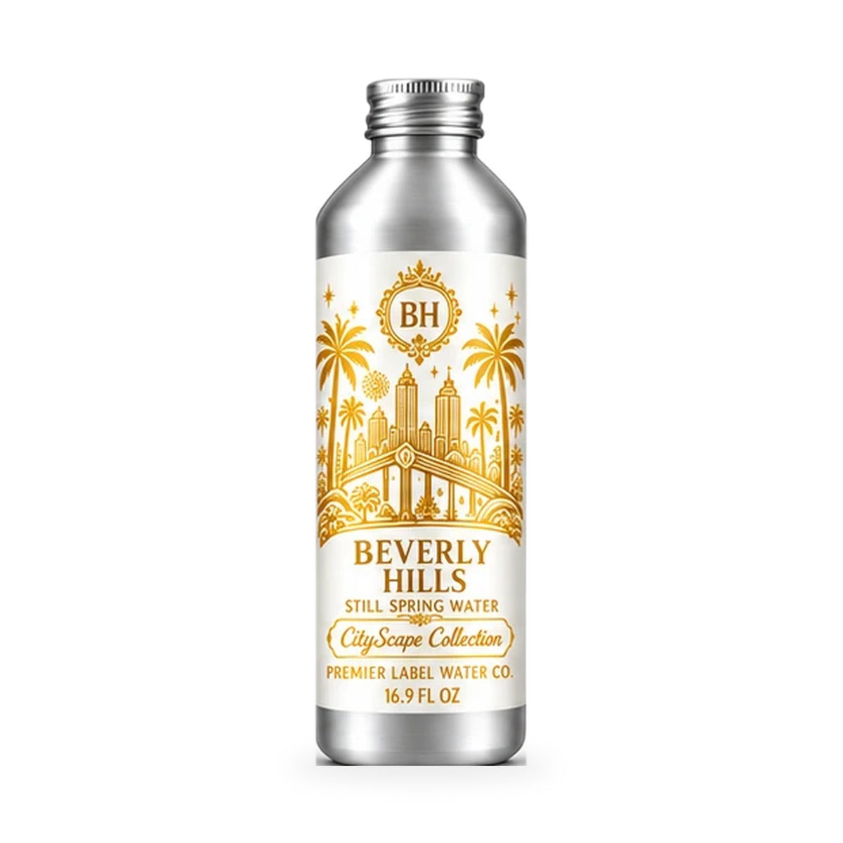 CityScape Beverly Hills 16 oz aluminum bottle, White Label with Gold Lettering