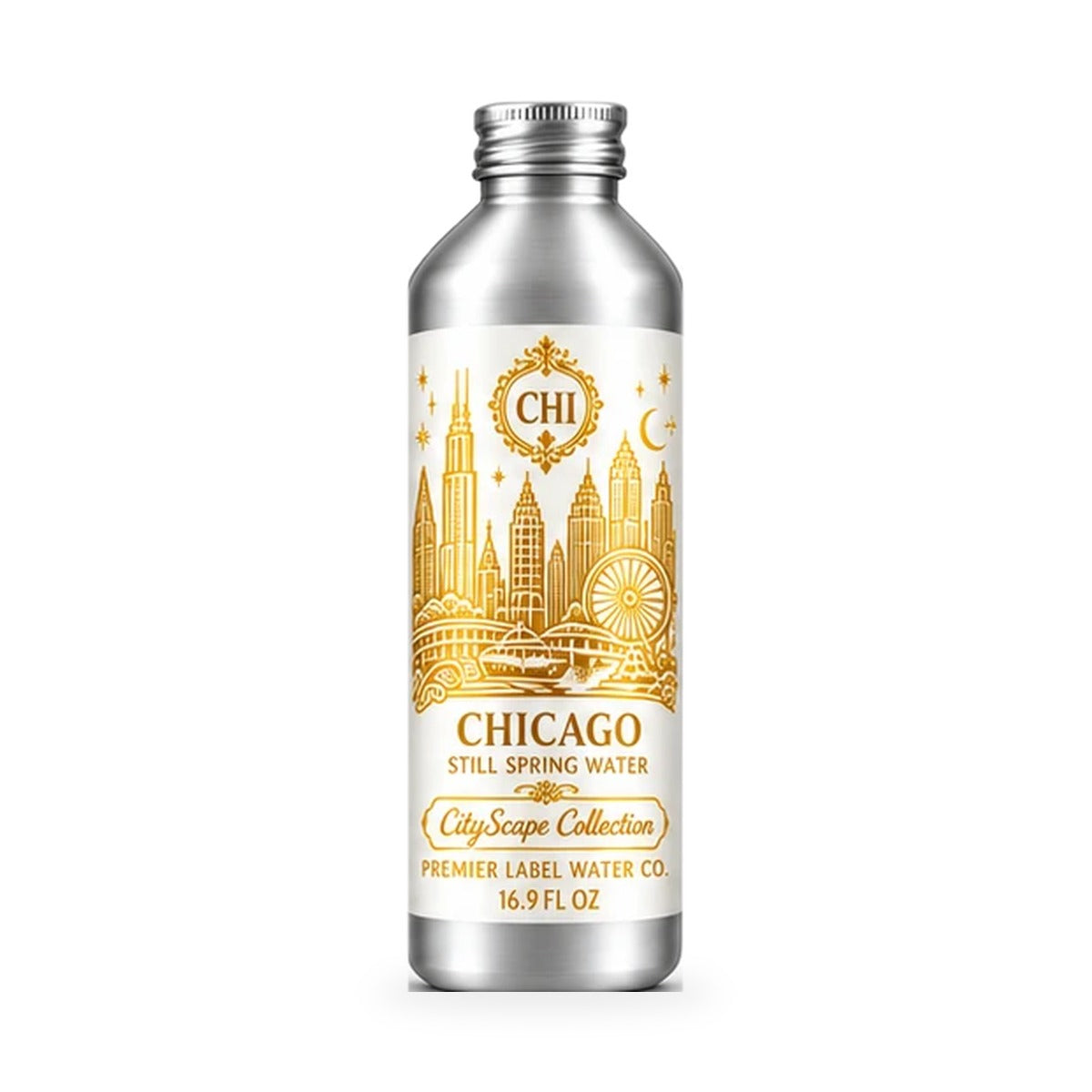 CityScape Chicago 16 oz aluminum bottle, White Label with Gold Lettering