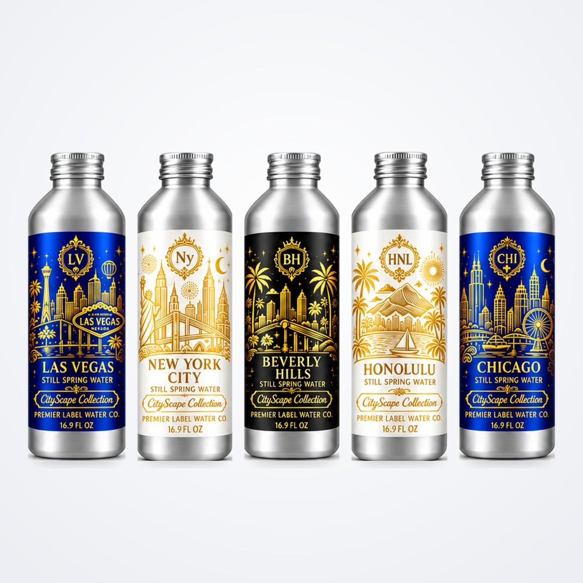 CityScape Collection 16 oz aluminum bottles: Las Vegas, New York City, Beverly Hills, Honolulu and Chicago