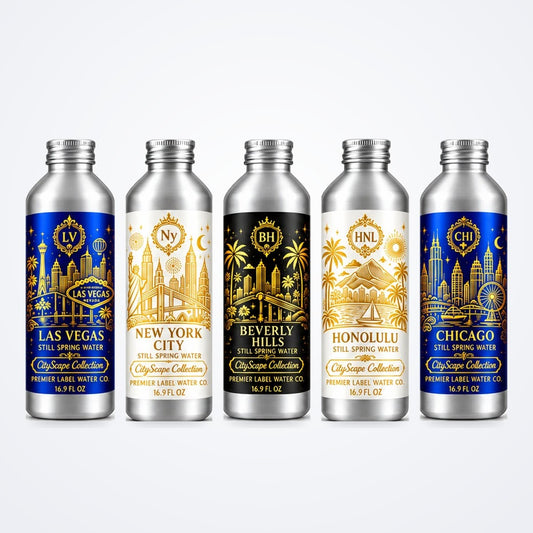 CityScape Collection 16 oz aluminum bottles: Las Vegas, New York City, Beverly Hills, Honolulu and Chicago