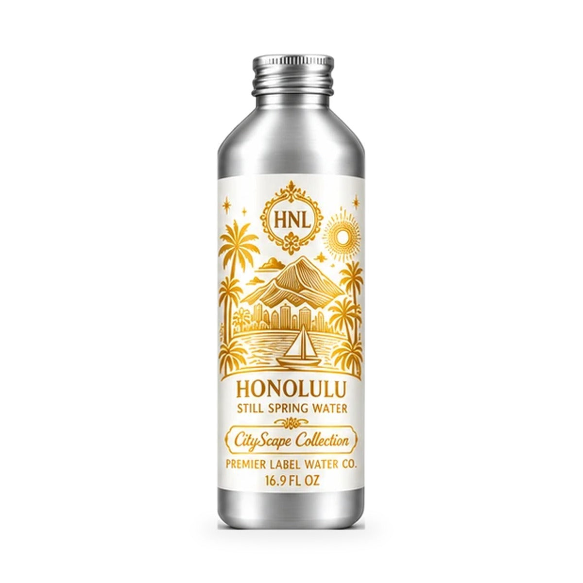 CityScape Honolulu 16 oz aluminum bottle, White Label with Gold Lettering