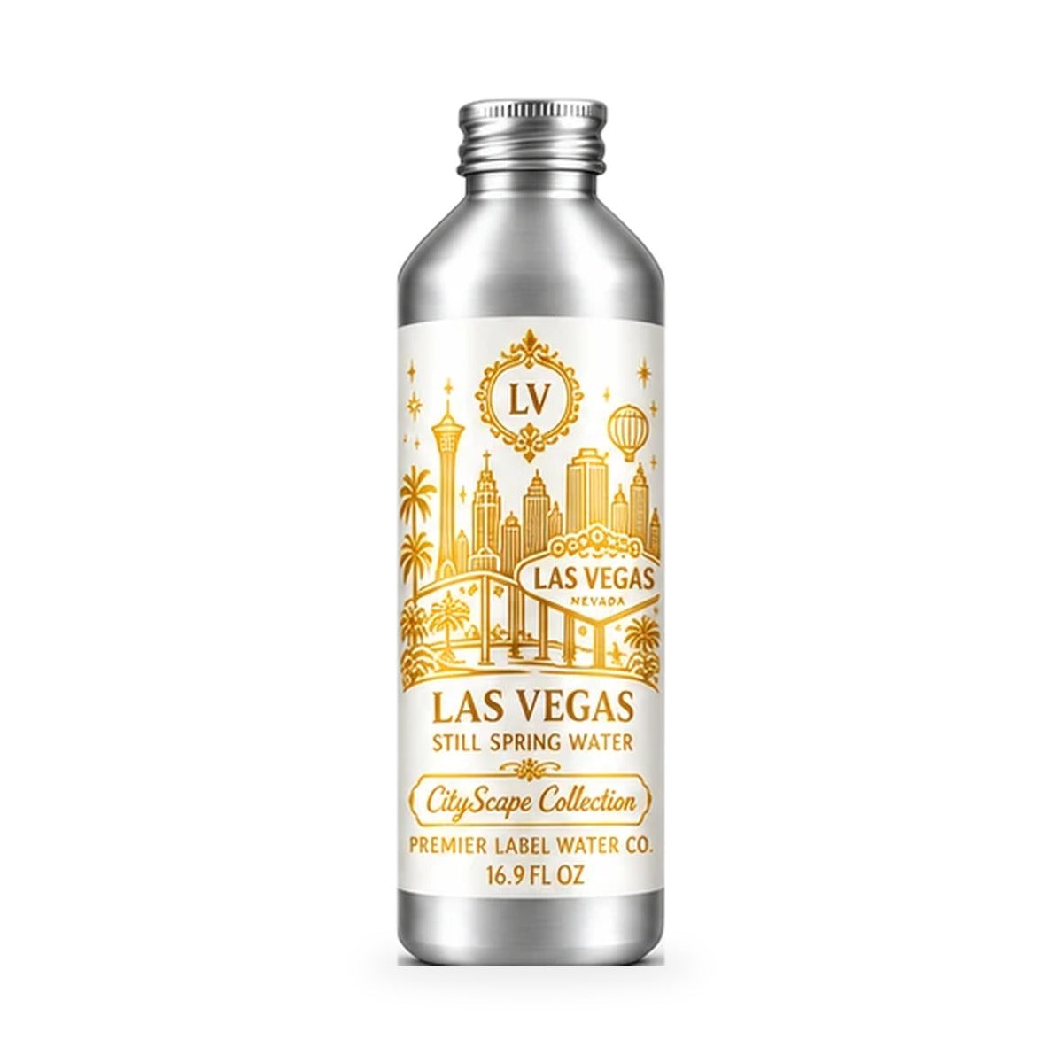 CityScape Las Vegas 16 oz aluminum bottle, White Label with Gold Lettering