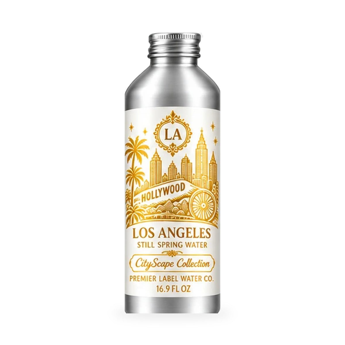 CityScape Los Angeles 16 oz aluminum bottle, White Label with Gold Lettering