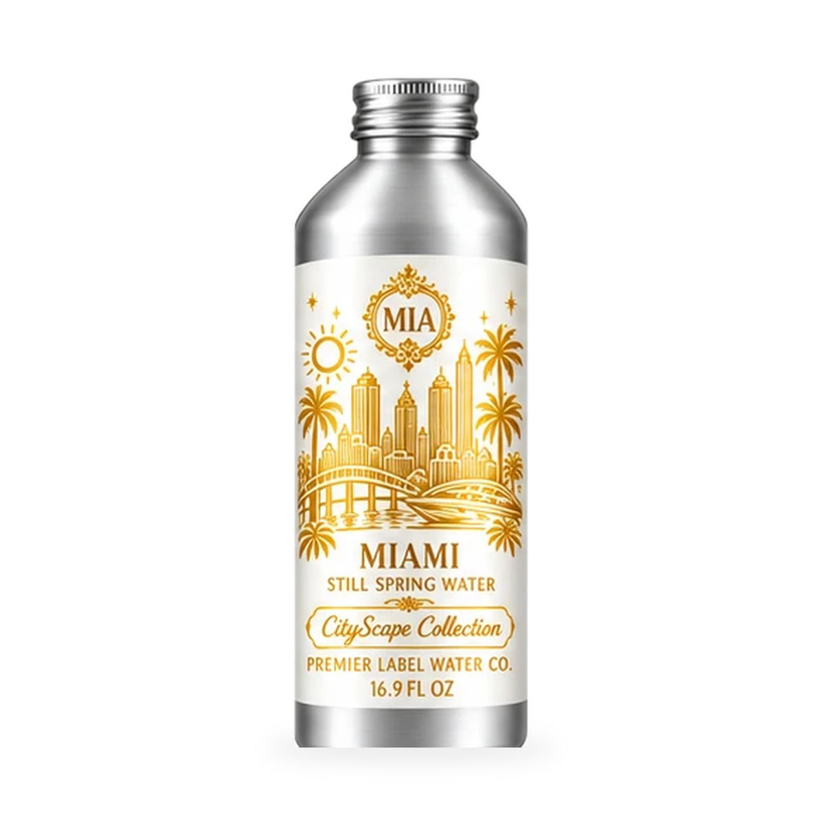CityScape Miami 16 oz aluminum bottle, White Label with Gold Lettering