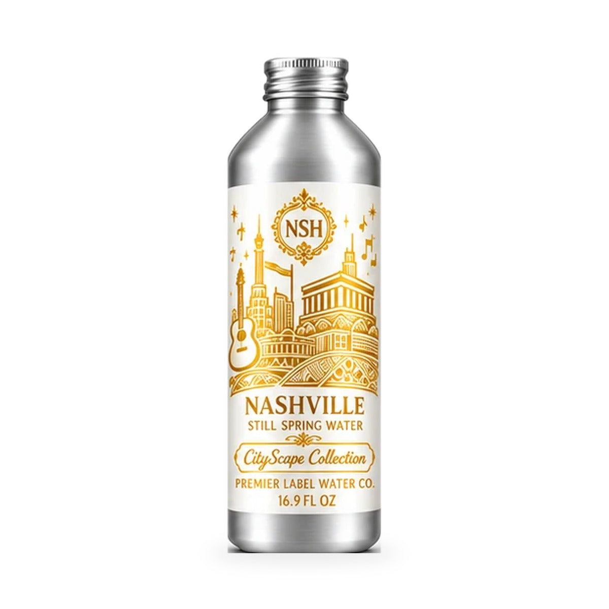 CityScape Nashville 16 oz aluminum bottle, White Label with Gold Lettering