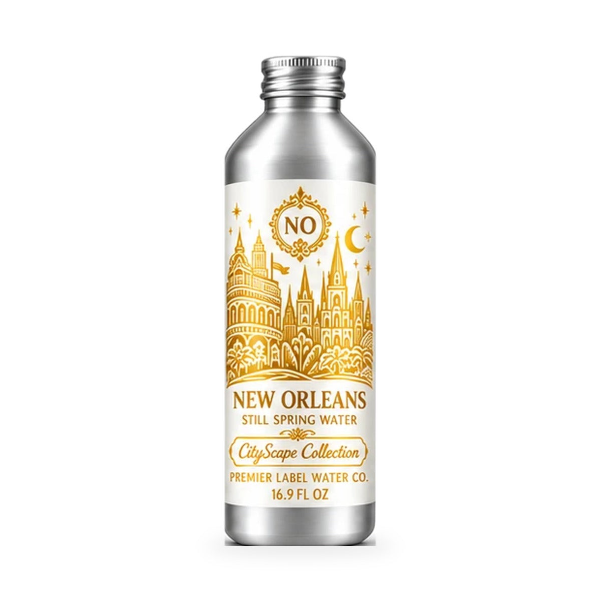CityScape New Orleans 16 oz aluminum bottle, White Label with Gold Lettering