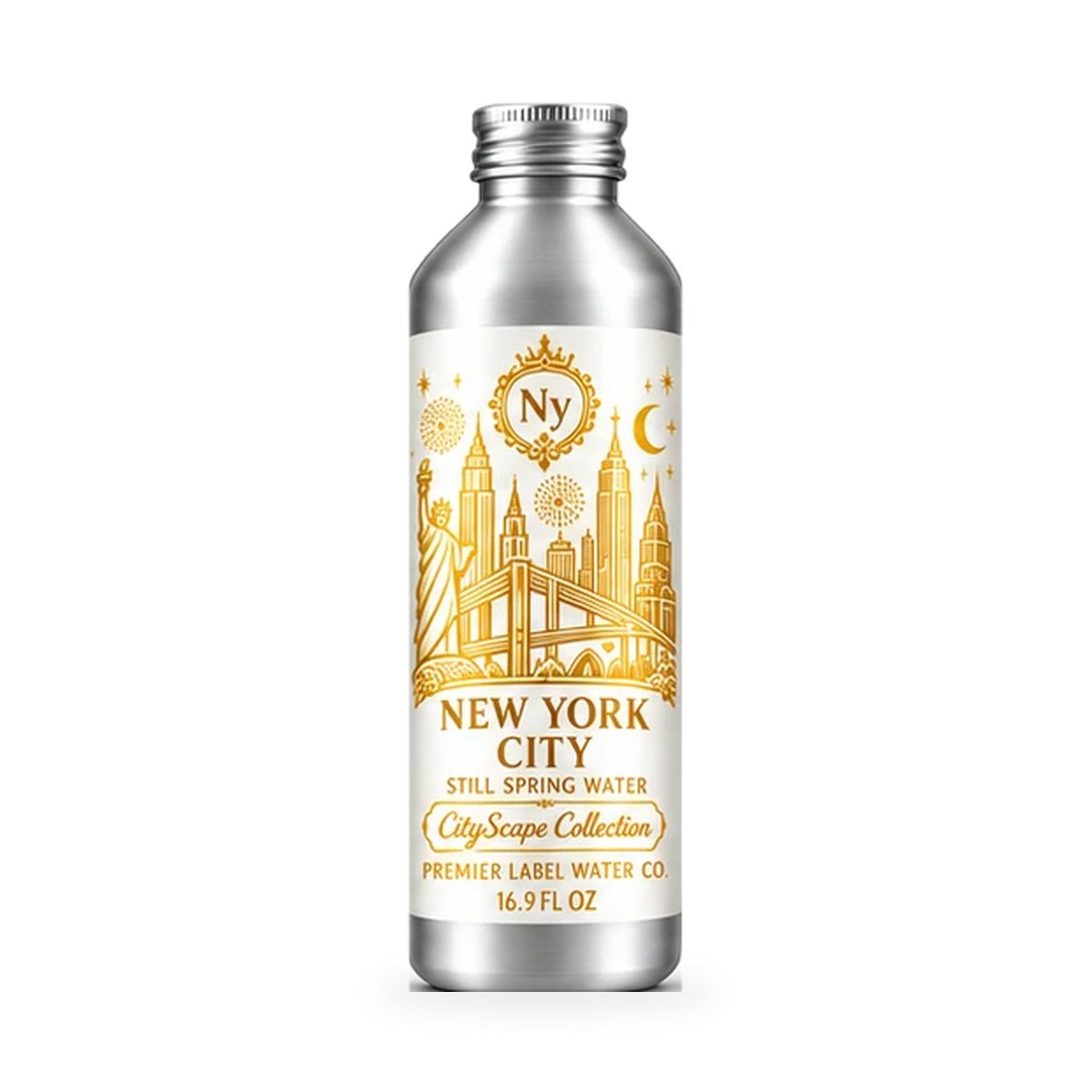 CityScape New York City 16 oz aluminum bottle, White Label with Gold Lettering