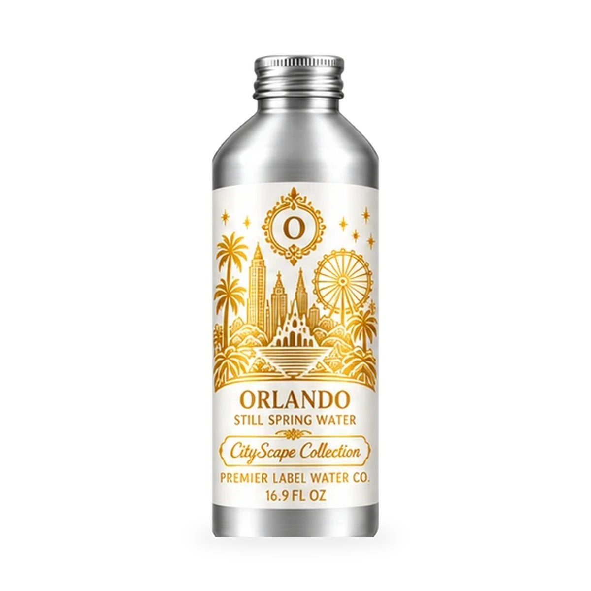 CityScape Orlando 16 oz aluminum bottle, White Label with Gold Lettering