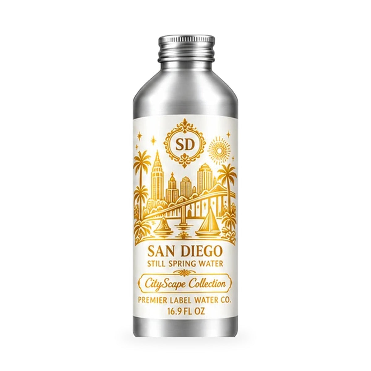 CityScape San Diego 16 oz aluminum bottle, White Label with Gold Lettering