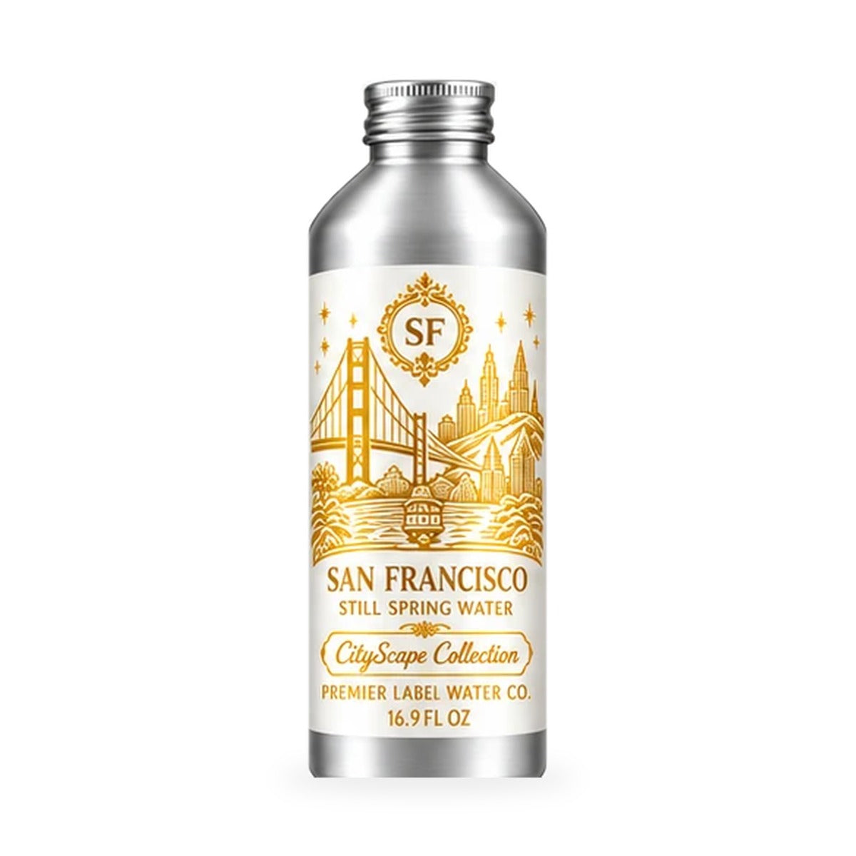CityScape San Francisco 16 oz aluminum bottle, White Label with Gold Lettering