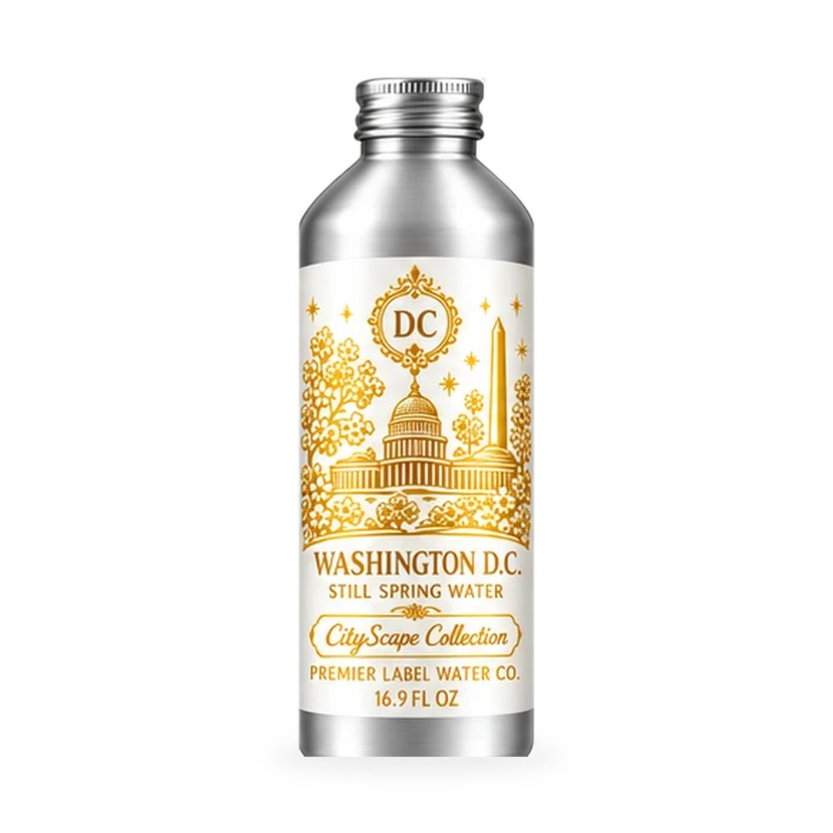 CityScape Washington D.C. 16 oz aluminum bottle, White Label with Gold Lettering
