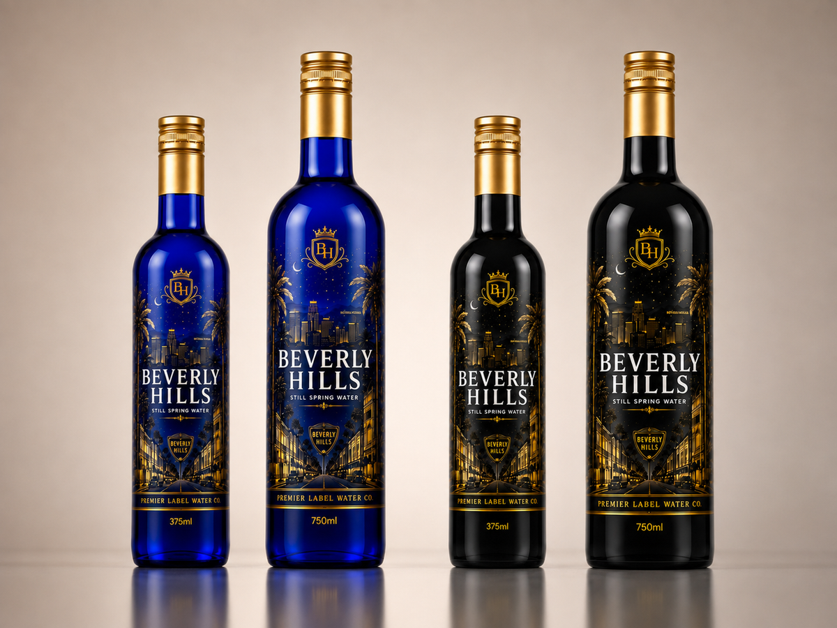 CityScape Beverly Hills collectible glass bottles in cobalt blue and matte black, 375 ml and 750 ml