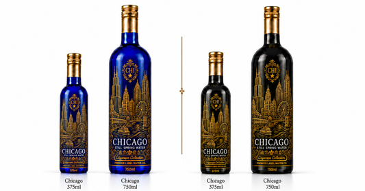CityScape Chicago limited edition glass bottles — 375 ml and 750 ml in cobalt blue and matte black