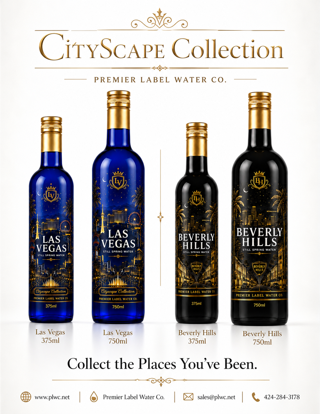 CityScape Collection by Premier Label Water: Las Vegas and Beverly Hills glass water bottles in cobalt blue and matte black, 375 mL and 750 mL