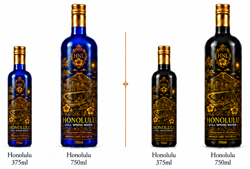CityScape Honolulu limited edition glass bottles — 375 ml and 750 ml in cobalt blue and matte black
