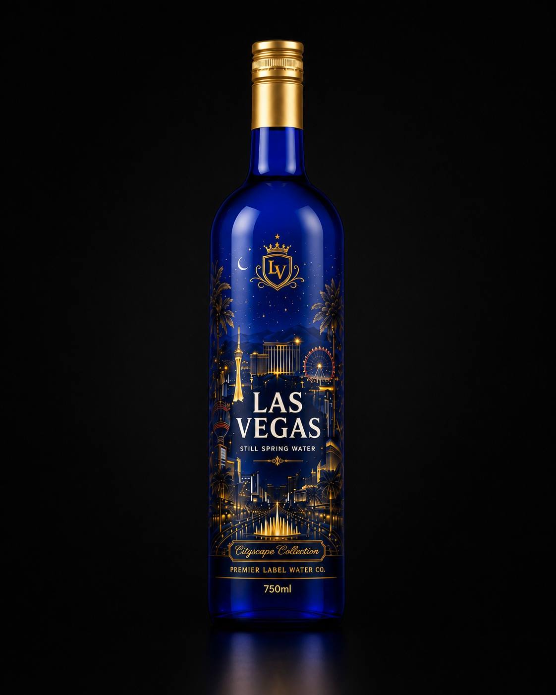 CityScape Las Vegas 750 ml cobalt blue glass bottle