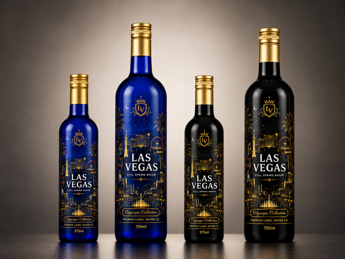 CityScape Las Vegas collectible glass bottles in cobalt blue and matte black, 375 ml and 750 ml