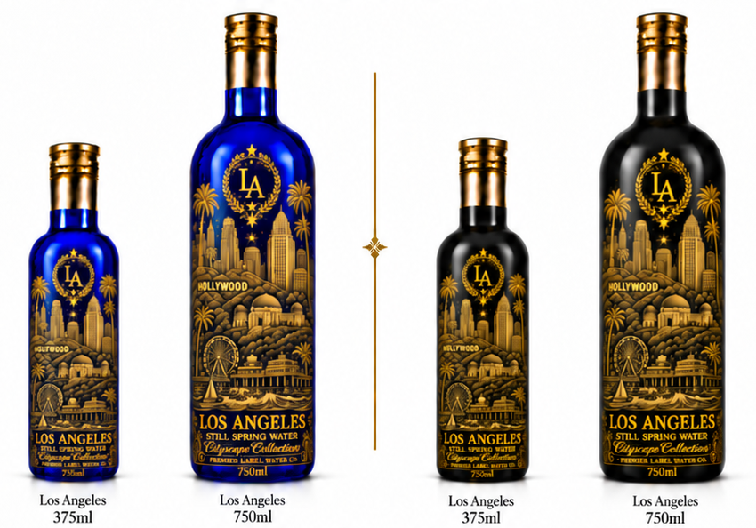 CityScape Los Angeles limited edition glass bottles — 375 ml and 750 ml in cobalt blue and matte black