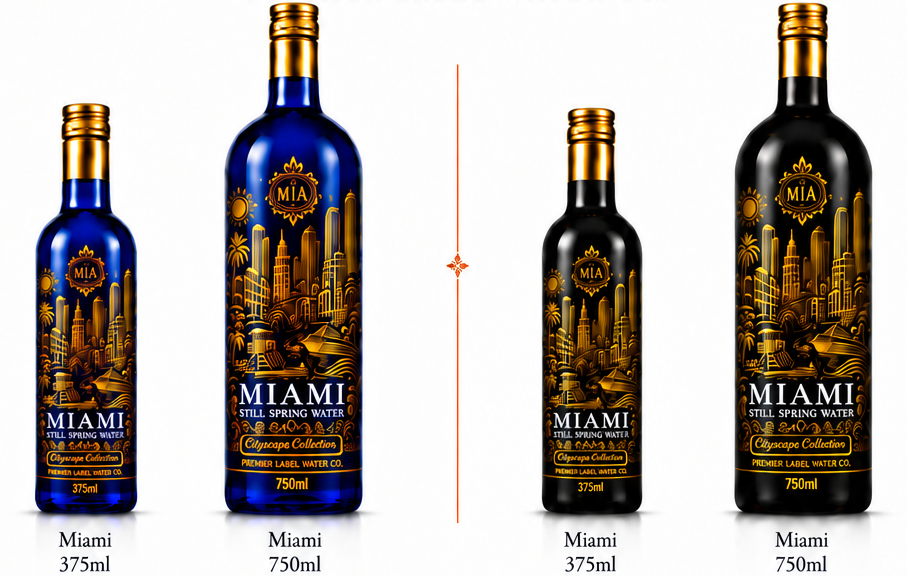 CityScape Miami limited edition glass bottles — 375 ml and 750 ml in cobalt blue and matte black