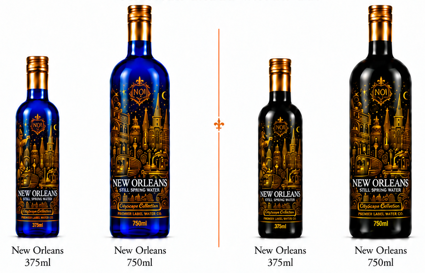 CityScape New Orleans limited edition glass bottles — 375 ml and 750 ml in cobalt blue and matte black