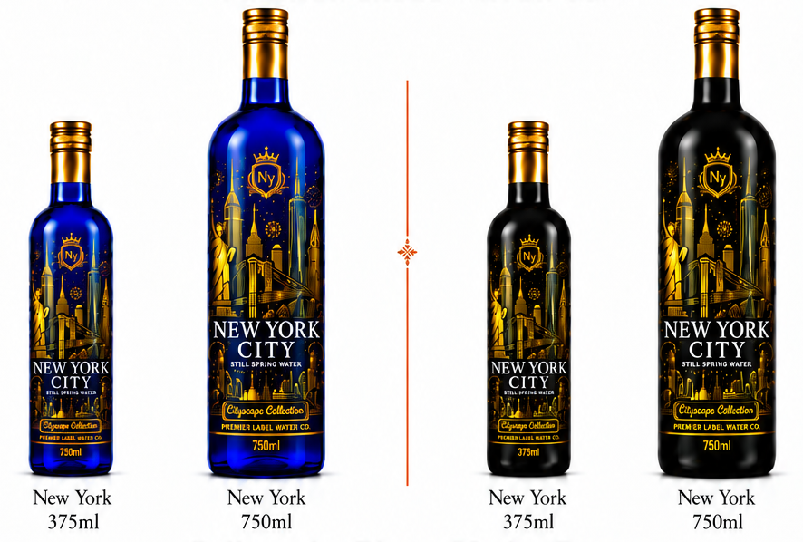 CityScape New York City limited edition glass bottles — 375 ml and 750 ml in cobalt blue and matte black