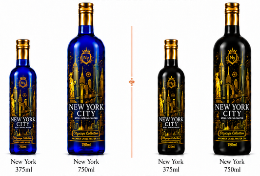 CityScape New York City limited edition glass bottles — 375 ml and 750 ml in cobalt blue and matte black