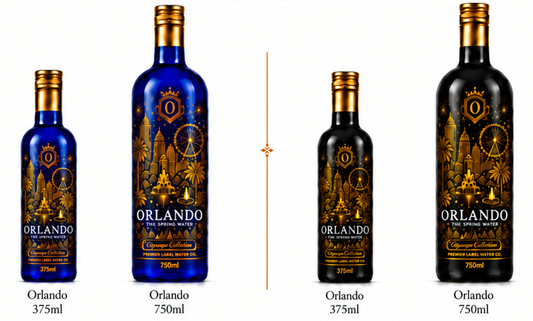CityScape Orlando limited edition glass bottles — 375 ml and 750 ml in cobalt blue and matte black