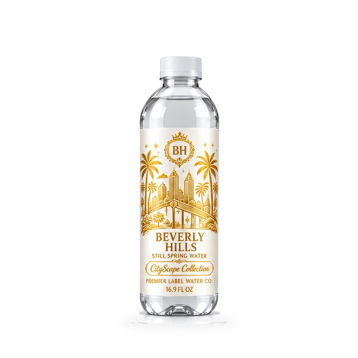 CityScape Beverly Hills PET bottle, White Label with Gold Lettering