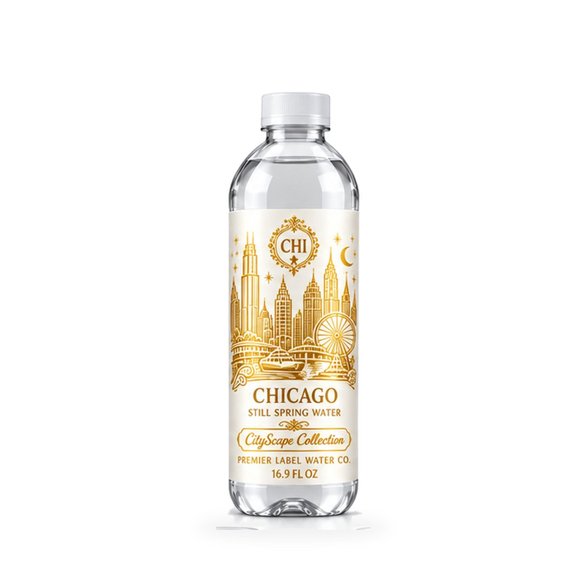 CityScape Chicago PET bottle, White Label with Gold Lettering