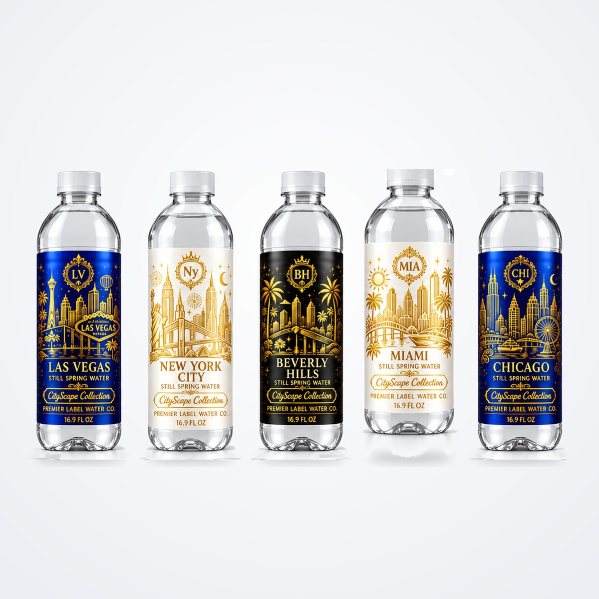 CityScape Collection PET bottled water: Las Vegas, New York City, Beverly Hills, Miami and Chicago