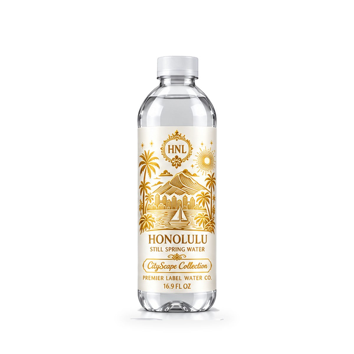 CityScape Honolulu PET bottle, White Label with Gold Lettering