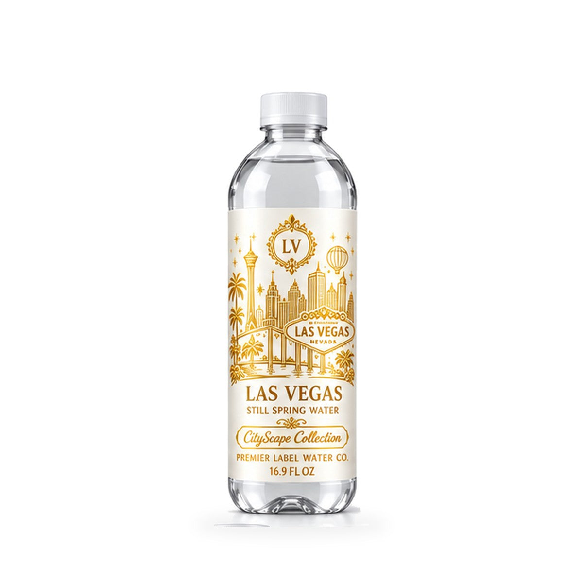 CityScape Las Vegas PET bottle, White Label with Gold Lettering