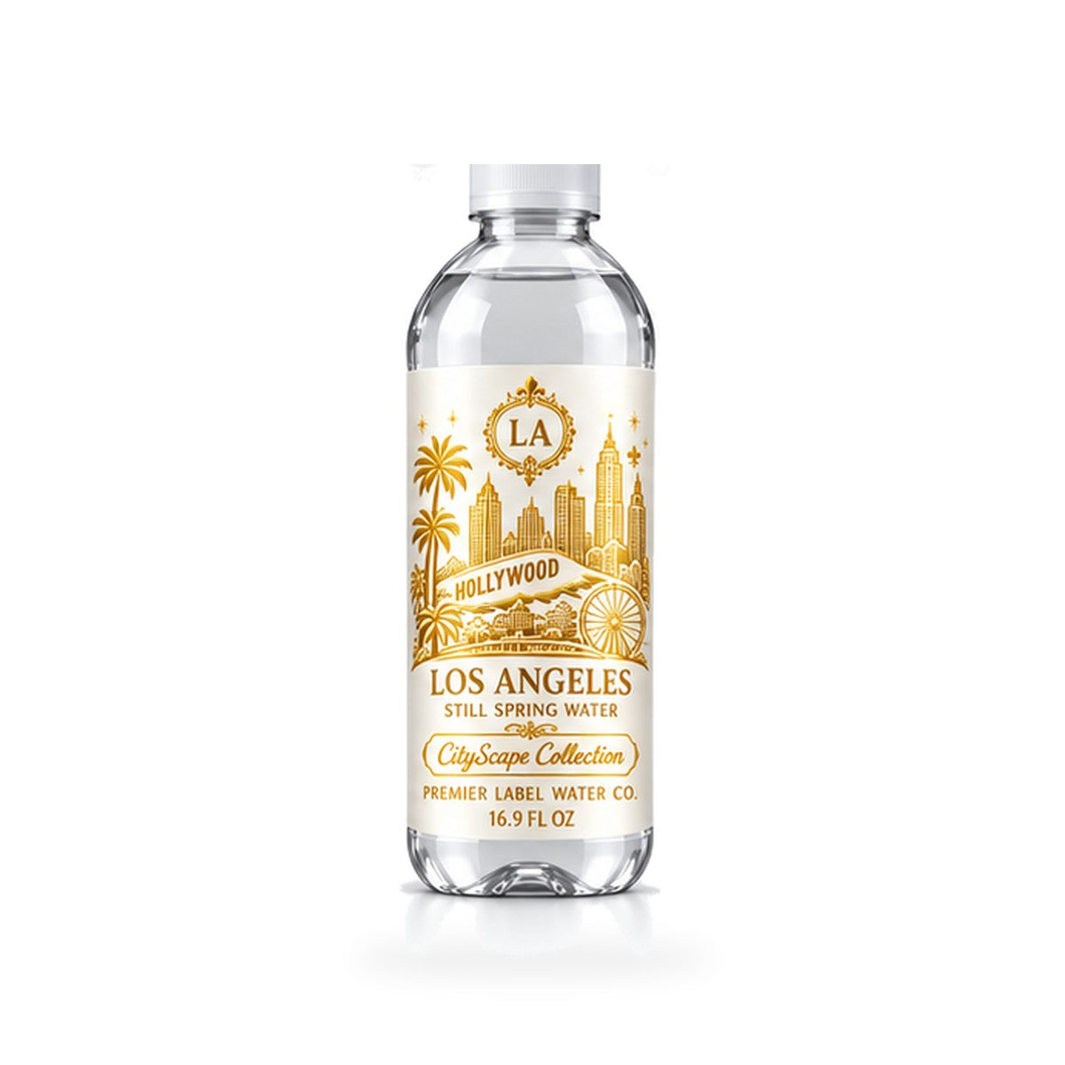 CityScape Los Angeles PET bottle, White Label with Gold Lettering