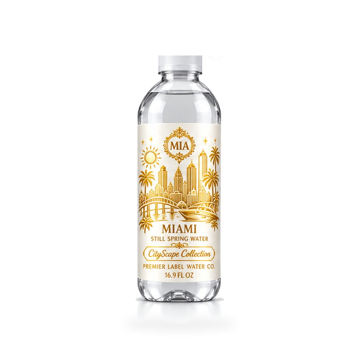 CityScape Miami PET bottle, White Label with Gold Lettering