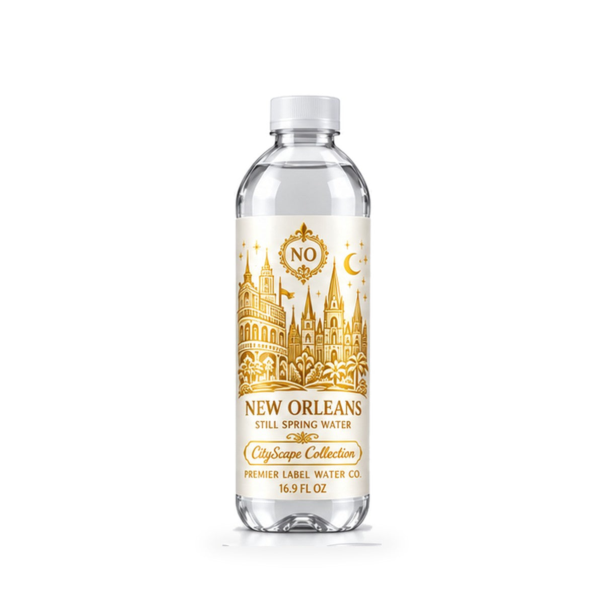 CityScape New Orleans PET bottle, White Label with Gold Lettering
