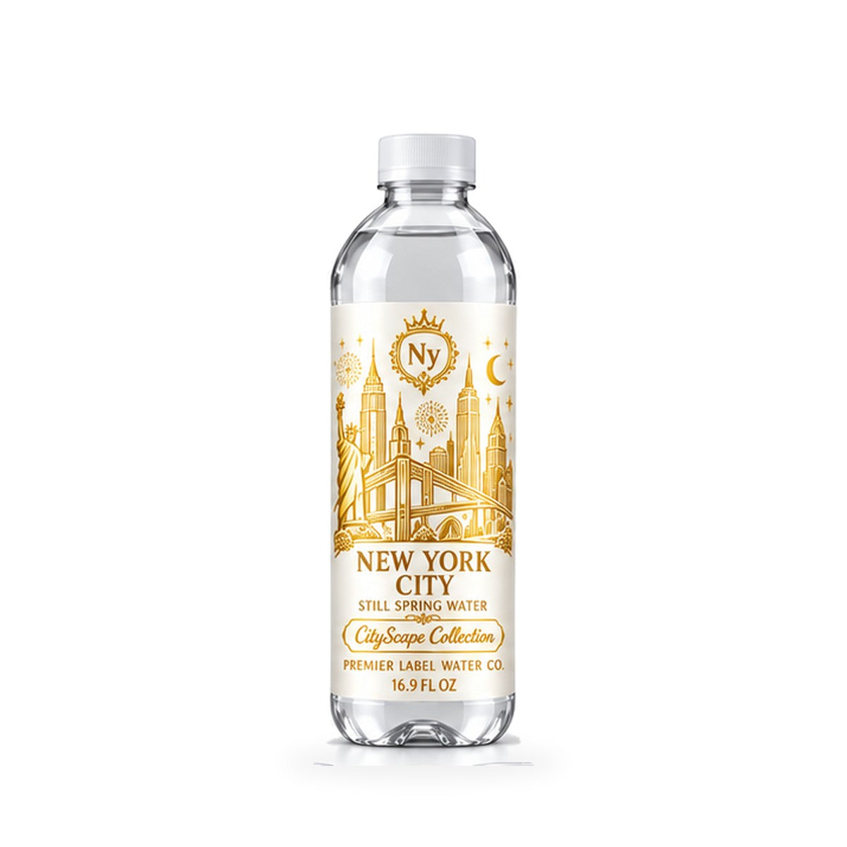 CityScape New York City PET bottle, White Label with Gold Lettering