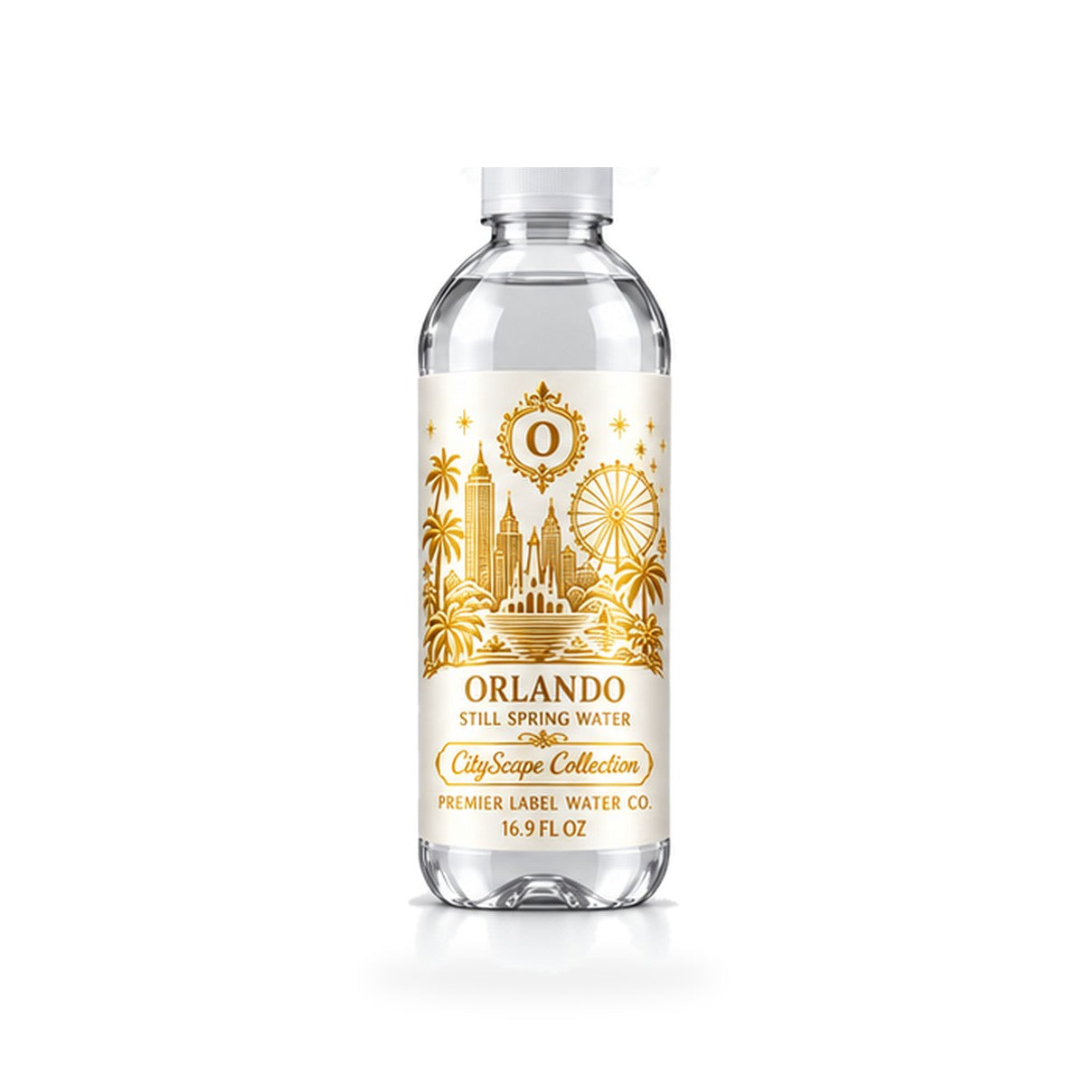 CityScape Orlando PET bottle, White Label with Gold Lettering