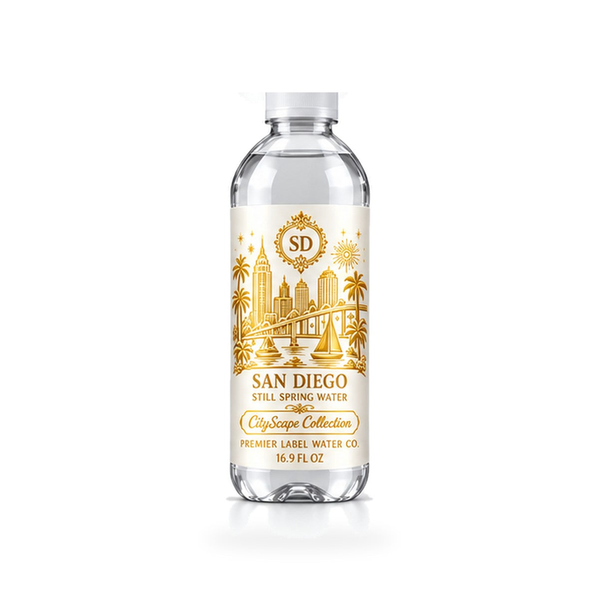 CityScape San Diego PET bottle, White Label with Gold Lettering